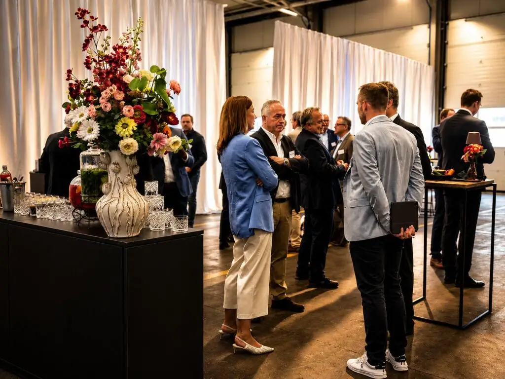Foyer voor het VECTO-overleg met trailers als blikvangers